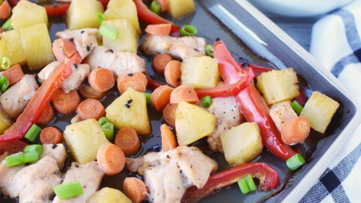 sheet pan chicken teriyaki on roasting pan