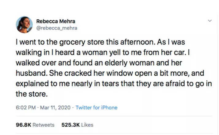 Tweet Goes Viral After Woman Helps Elderly Couple Too Scared to Buy Groceries Because of Covid-19