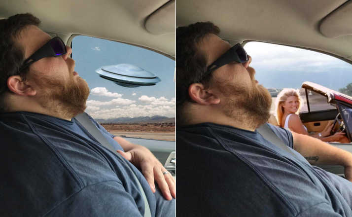 Husband Snoozes In Car; Wife Asks Internet To Photoshop Everything He "Missed" While Asleep