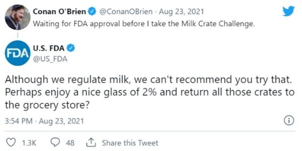 tweets from conan o'brien and the FDA about milk crate challenge