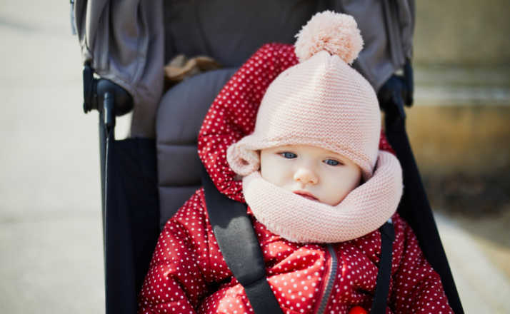 Free-Bob-Stroller-little girl in pink hat and red coat sitting in stroller