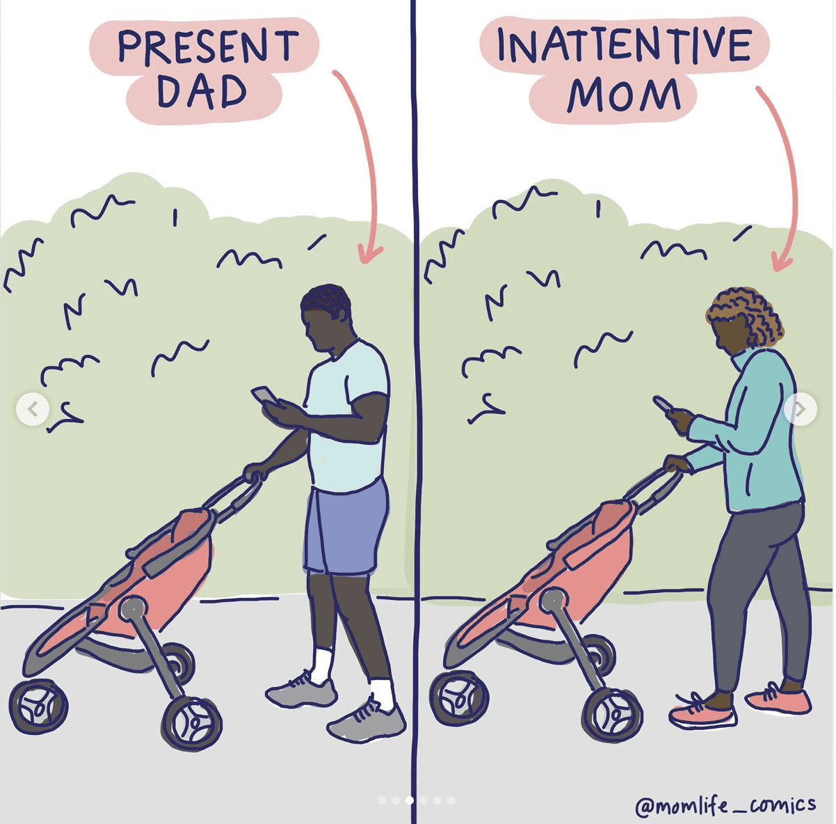 Side by side comic of mom and dad pushing stroller and looking at phone double standard