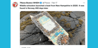 Screenshot of a tweet by 7News Boston WHDH that shows a small boat covered in barnacles.