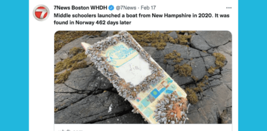 Screenshot of a tweet by 7News Boston WHDH that shows a small boat covered in barnacles.