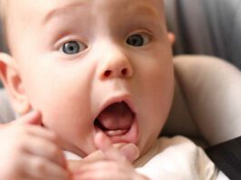 The first babies teeth. The lower front teeth (the lower central incisors). Teething