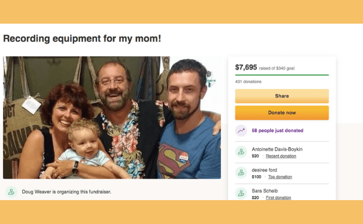 Text image of Go Fund Me page showing a family of two grandparents, a son, and a baby. 