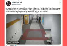 Screenshot of a tweet by Libs of TikTok showing a teacher hitting a student.