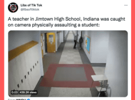 Screenshot of a tweet by Libs of TikTok showing a teacher hitting a student.