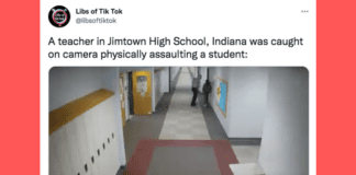 Screenshot of a tweet by Libs of TikTok showing a teacher hitting a student.