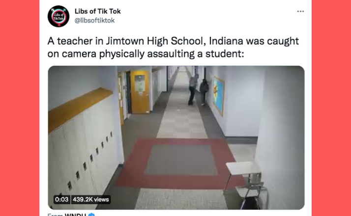 Screenshot of a tweet by Libs of TikTok showing a teacher hitting a student.