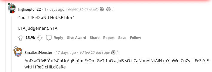 Screenshot of comments on Reddit's AITA thread by highsepton22 and SmallestMonster