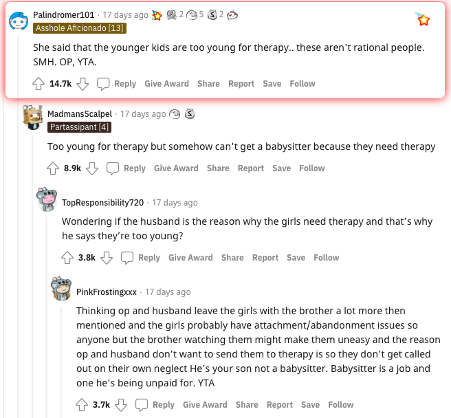 Screenshot of several comments on Reddit's AITA 