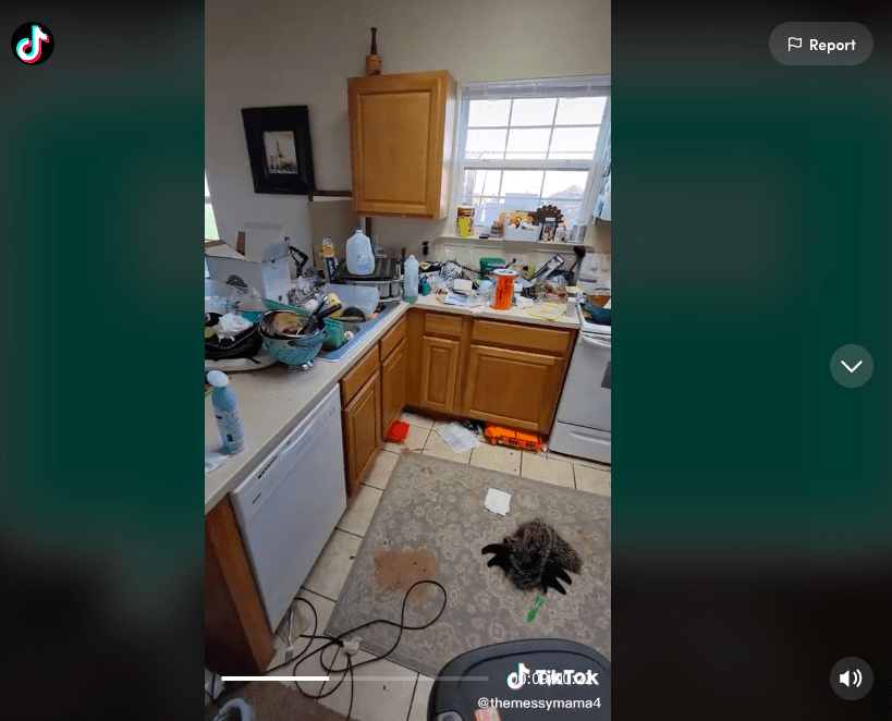 Screenshot of TikTok user @themessymama4 showing kitchen counters full of toys, dishes, papers, and other debris.