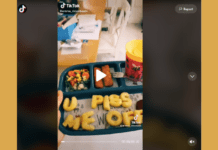 IMage of first frame of TikTok video showing a toddler lunch tray with alphabet letters spelling out "u piss me off."