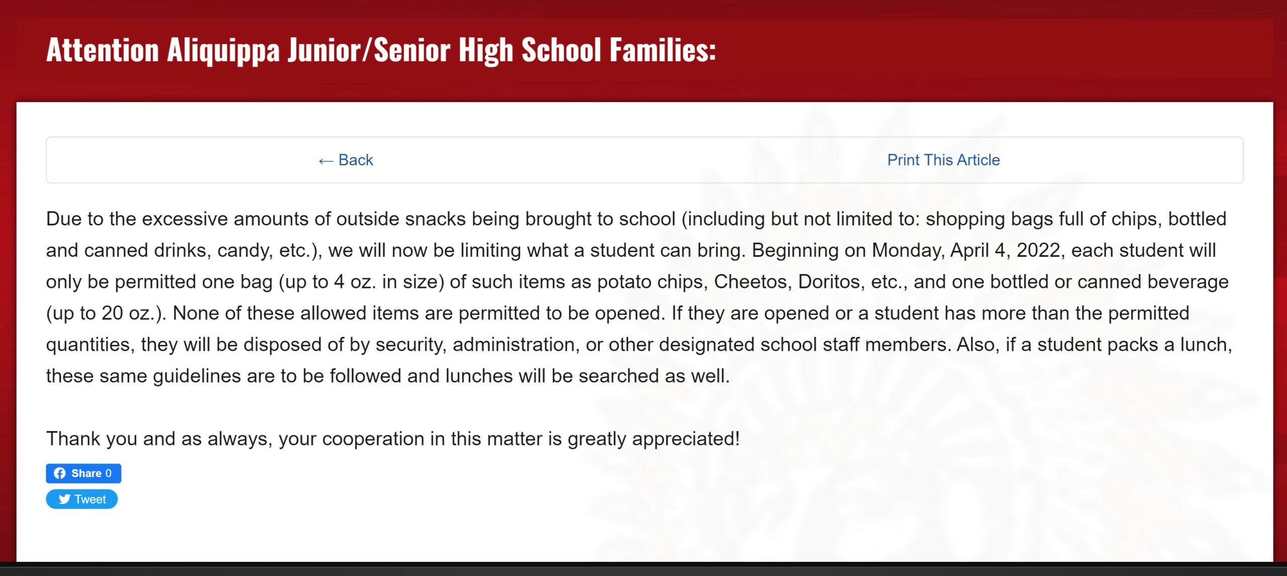 screenshot Aliquippa letter to parents