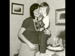 vintage 1975 mom and son standing in dining room