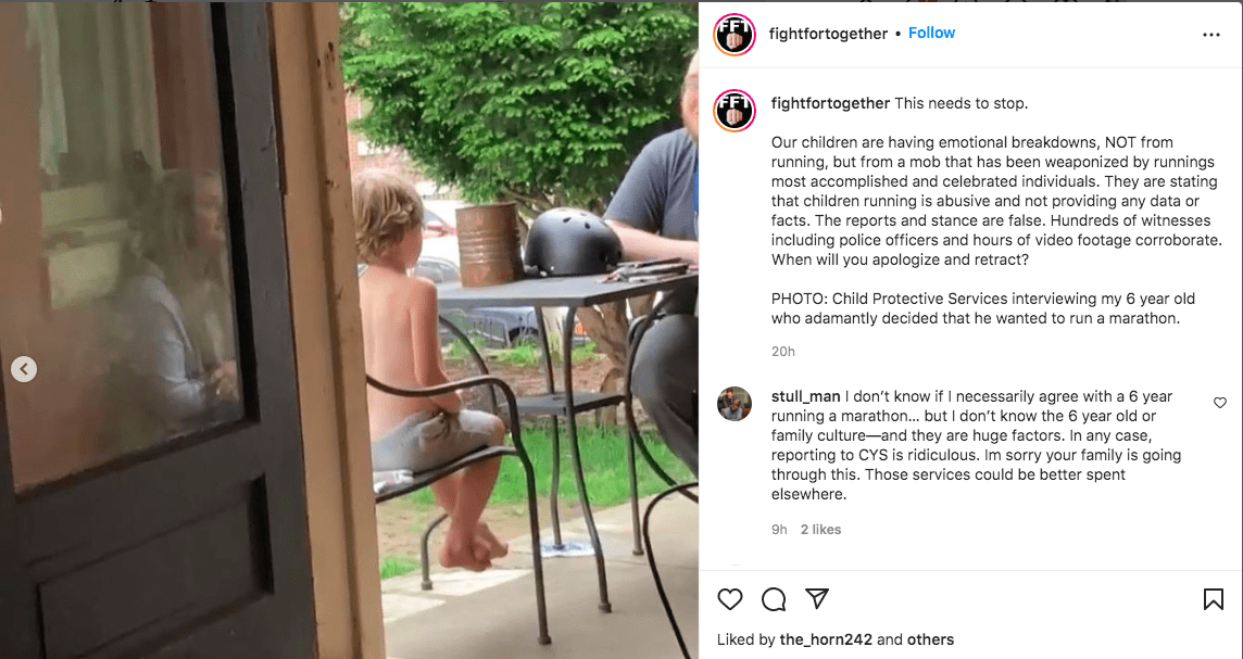 Screenshot of Instagram post showing an adult talking to a child. No faces are shown. 