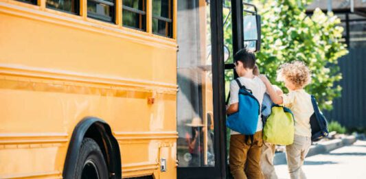 adorable little schoolboys entering school bus