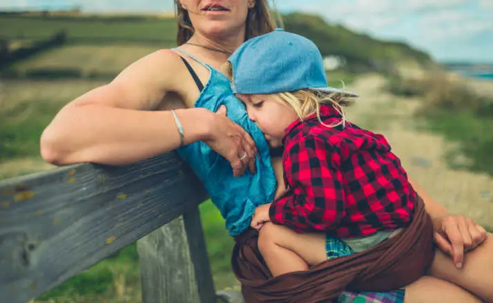 A young mother is breatfeeding her big toddler on a bench by the sea