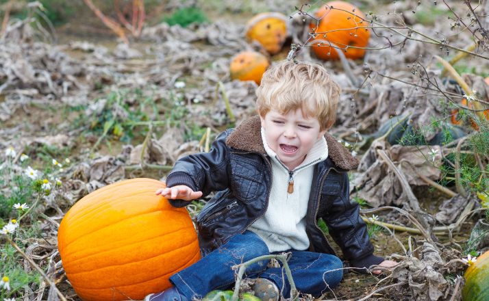 child crying in pumpkin patch as one of the family activities that aren't fun