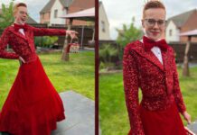 Screen shot of boy in red prom dress