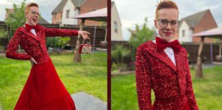 Screen shot of boy in red prom dress