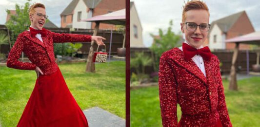 Screen shot of boy in red prom dress