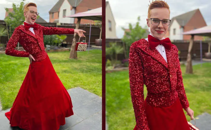 Screen shot of boy in red prom dress