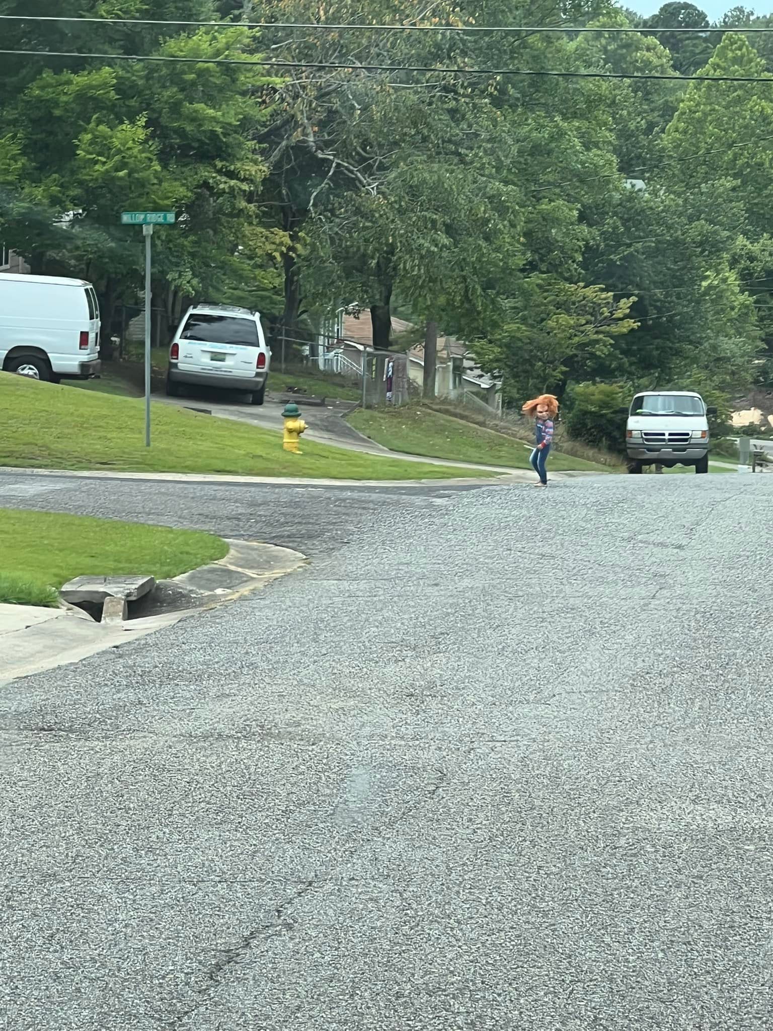 boy dressed in Chucky costume standing on street