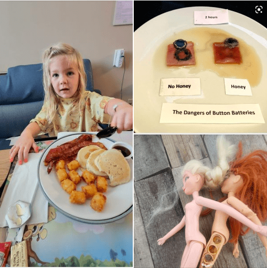 Screenshot of Facebook post with an image of a girl, a plate of honey covered batteries, and a doll missing batteries from its leg.