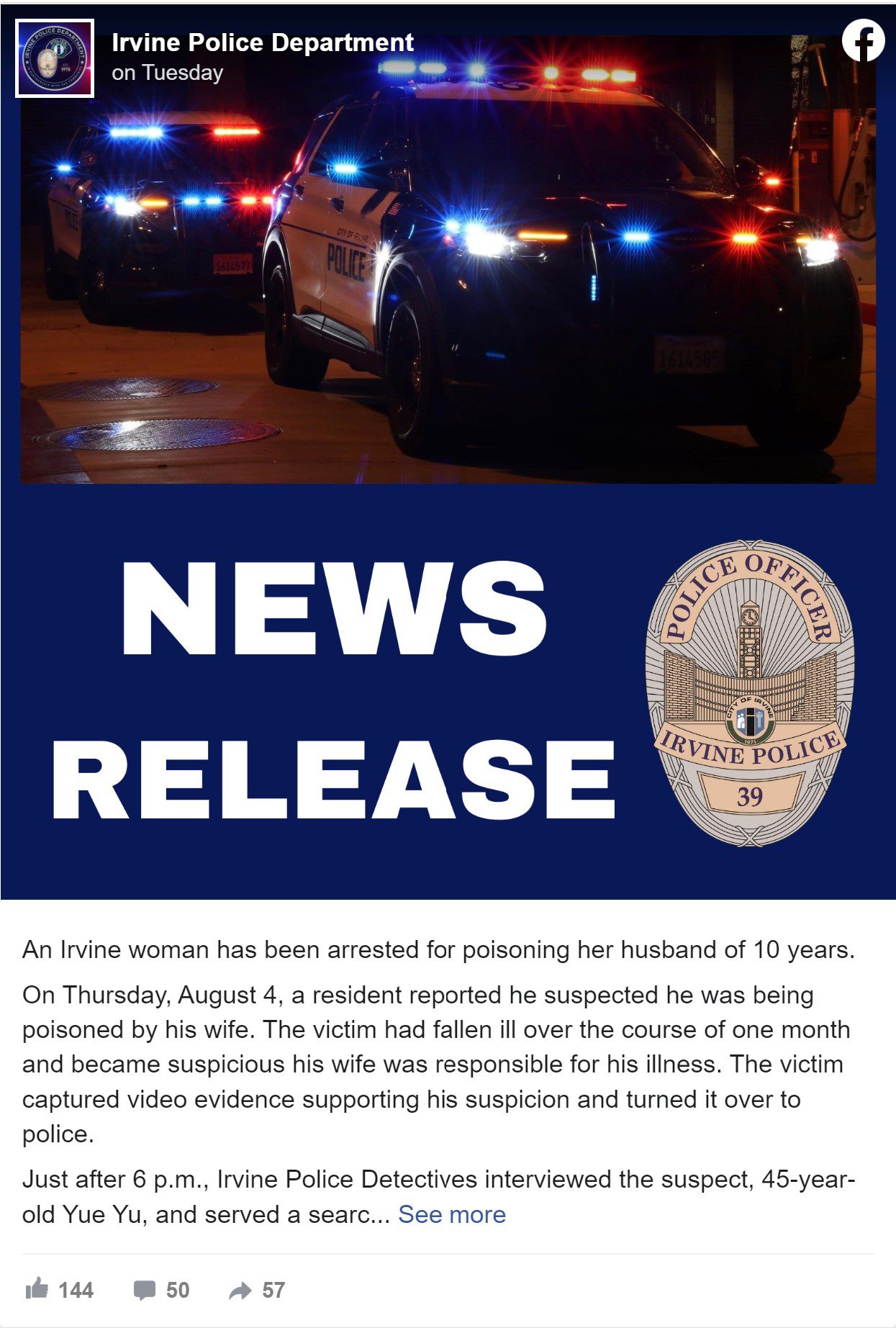 Irvine Police Dept. news release Yue Emily Yu