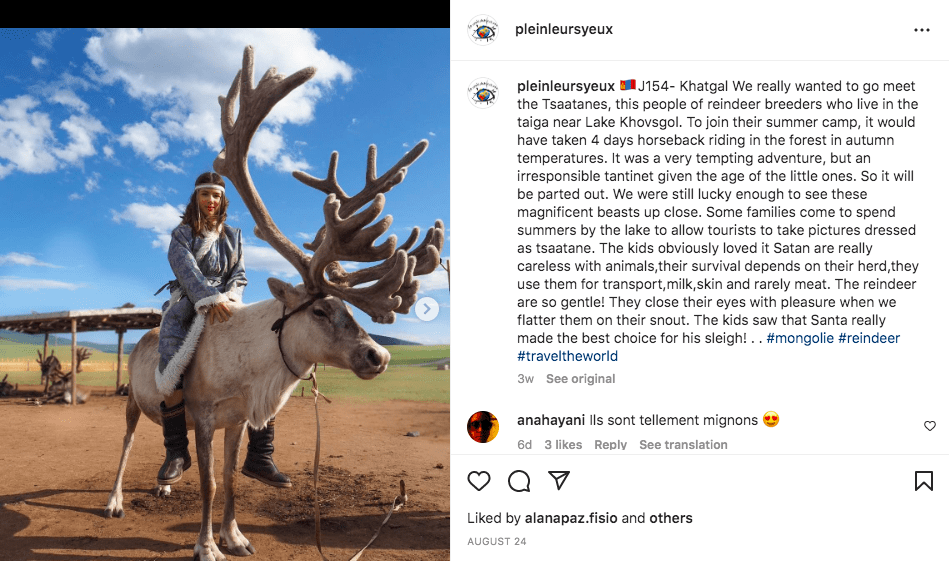 Screenshot of Instagram post showing a child on a reindeer in Mongolia.