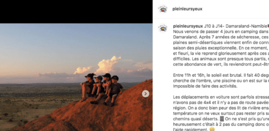 Screenshot of an Instagram post by pleinleursyeux showing four kids watching a sunset in the distance