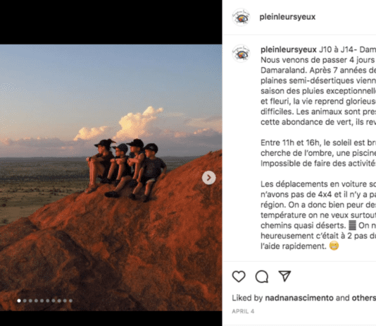 Screenshot of an Instagram post by pleinleursyeux showing four kids watching a sunset in the distance